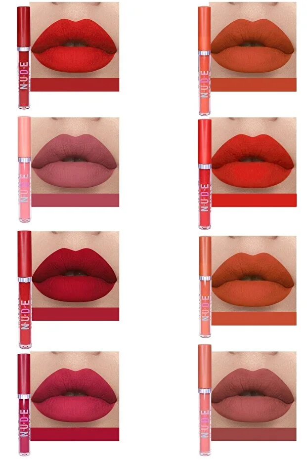  8'li Set New Nude Oval Ambalajlı Kahve Tonları Mat Likit Sıvı Ruj